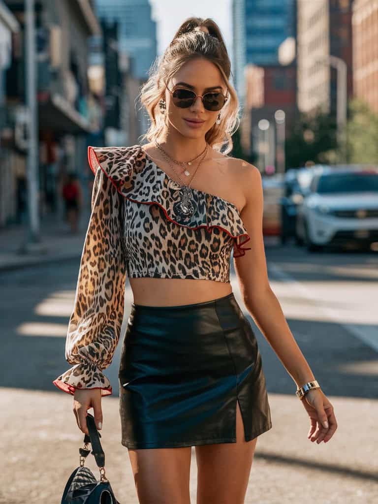 One-Shoulder Top & Leather Mini