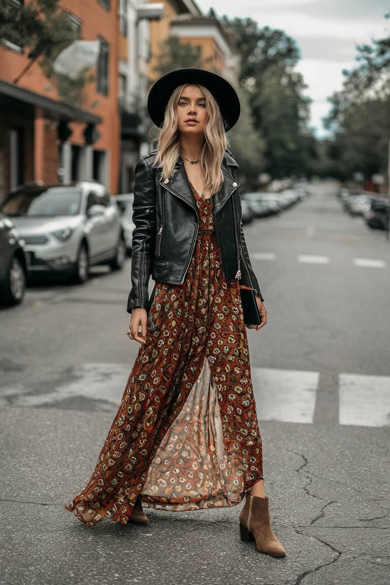 Leather Jacket and Maxi Dress