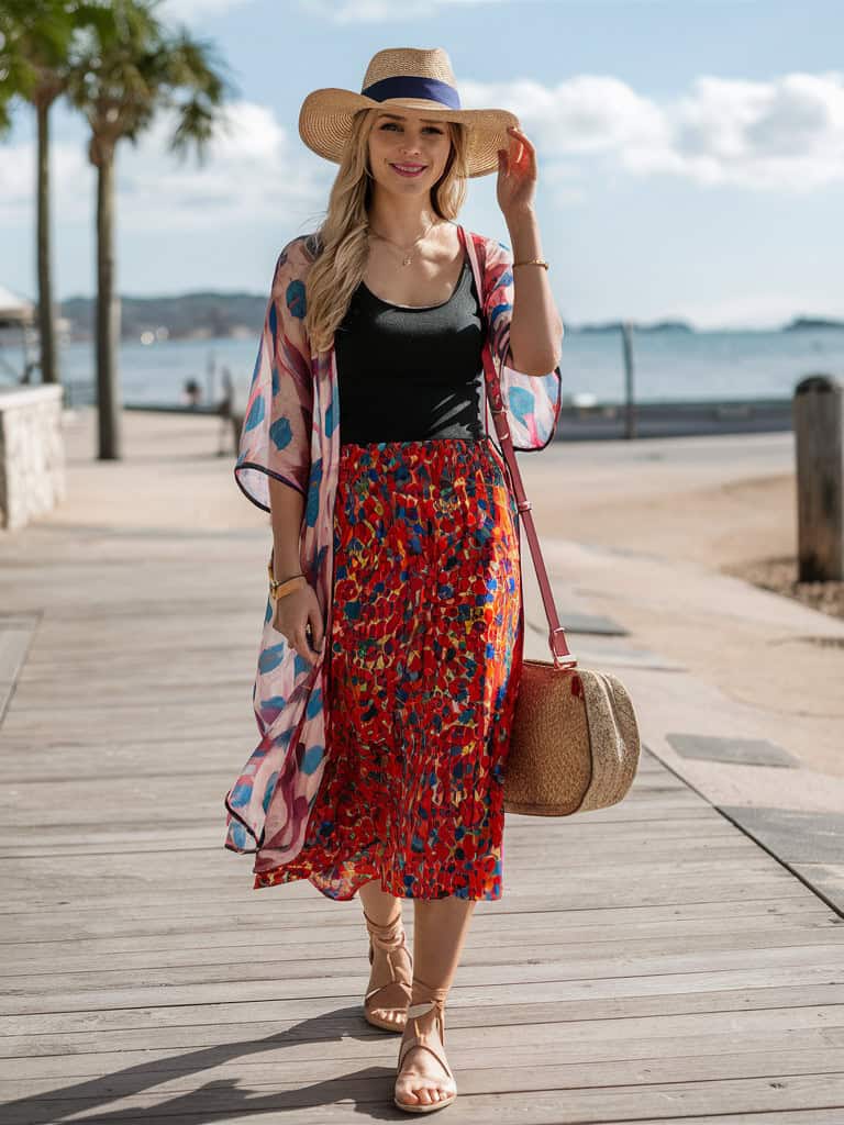 Midi Skirt, Tank Top, and Kimono