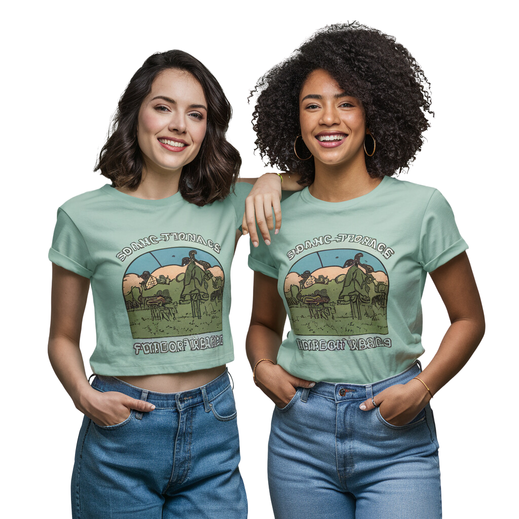 two young women wearing print t-shirts