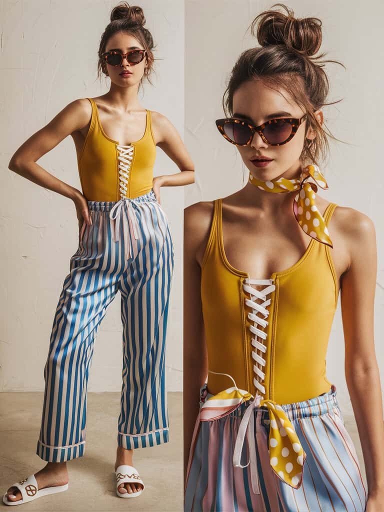 Sunny Yellow One-Piece & Striped Silk Pajama Pants