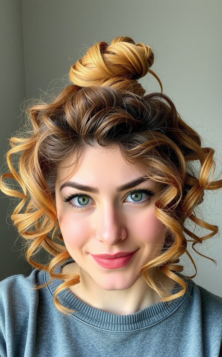 15 Gorgeous Hairstyles That'll Make Your Curly Medium Hair Pop 4 Half-Up Curly Top Knot