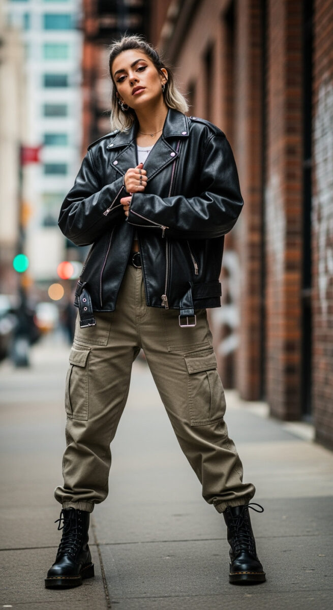 Cargo Pants + Leather Jacket