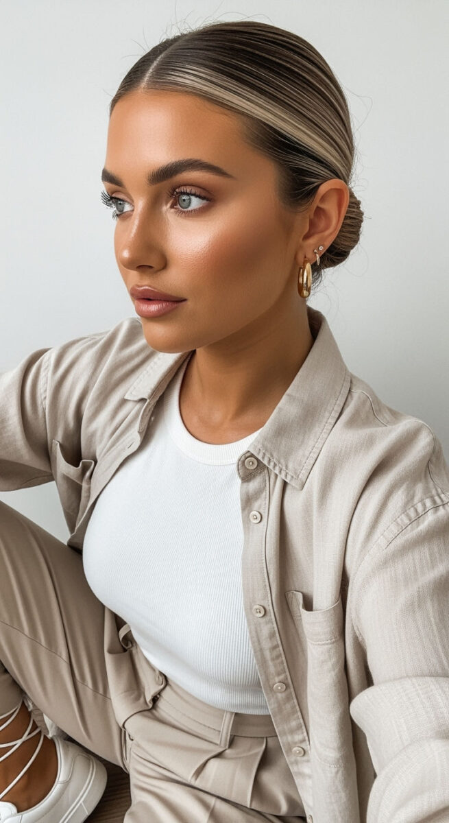 15 Aesthetic Outfit Ideas You’ll Fall in Love With 3 Clean-Girl Neutrals + Slick Bun + Gold Hoops