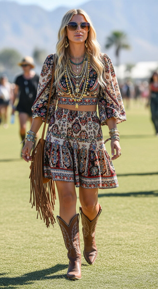 15 Aesthetic Outfit Ideas You’ll Fall in Love With 15 Festival Boho Set + Cowboy Boots + Layered Jewelry