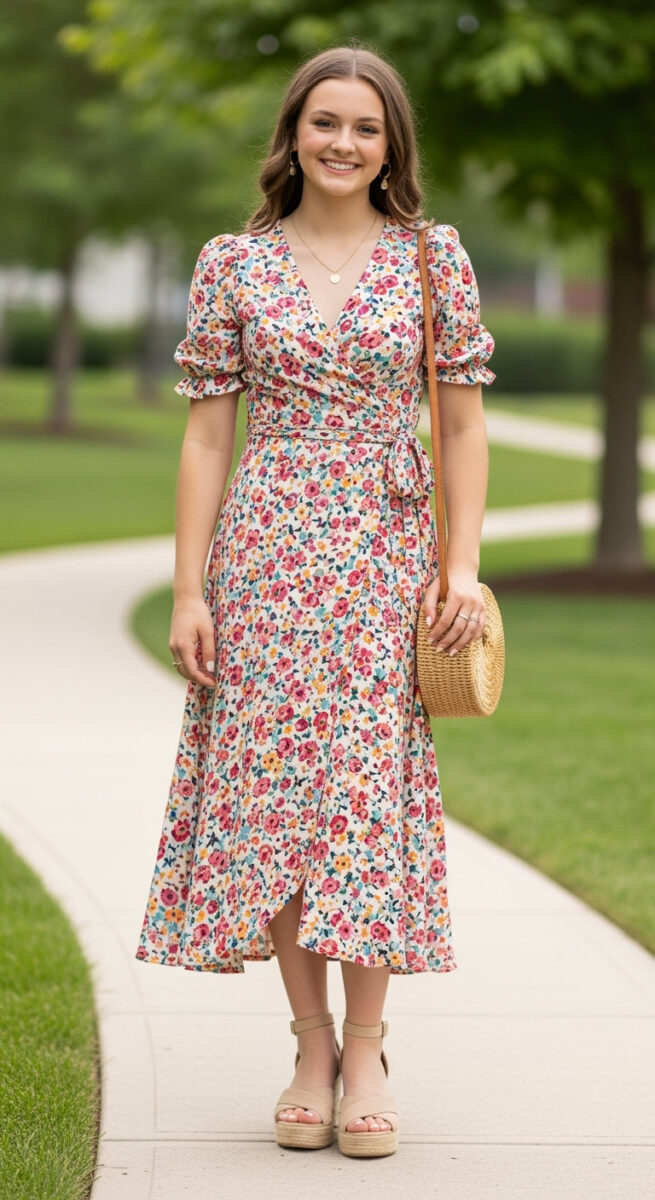 15 Teenage Girl Birthday Outfit Ideas That’ll Make You Feel Extra Special 5 Floral Midi Dress + Wedges