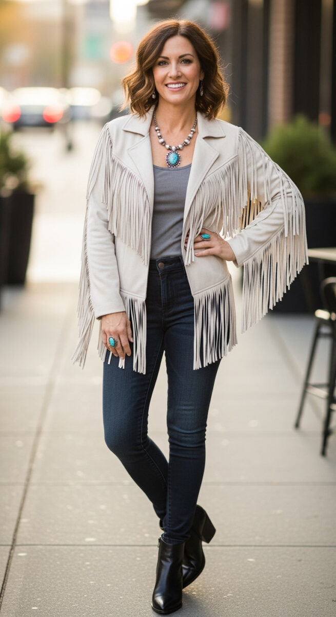 Fringe Jacket + Skinny Jeans + Ankle Boots