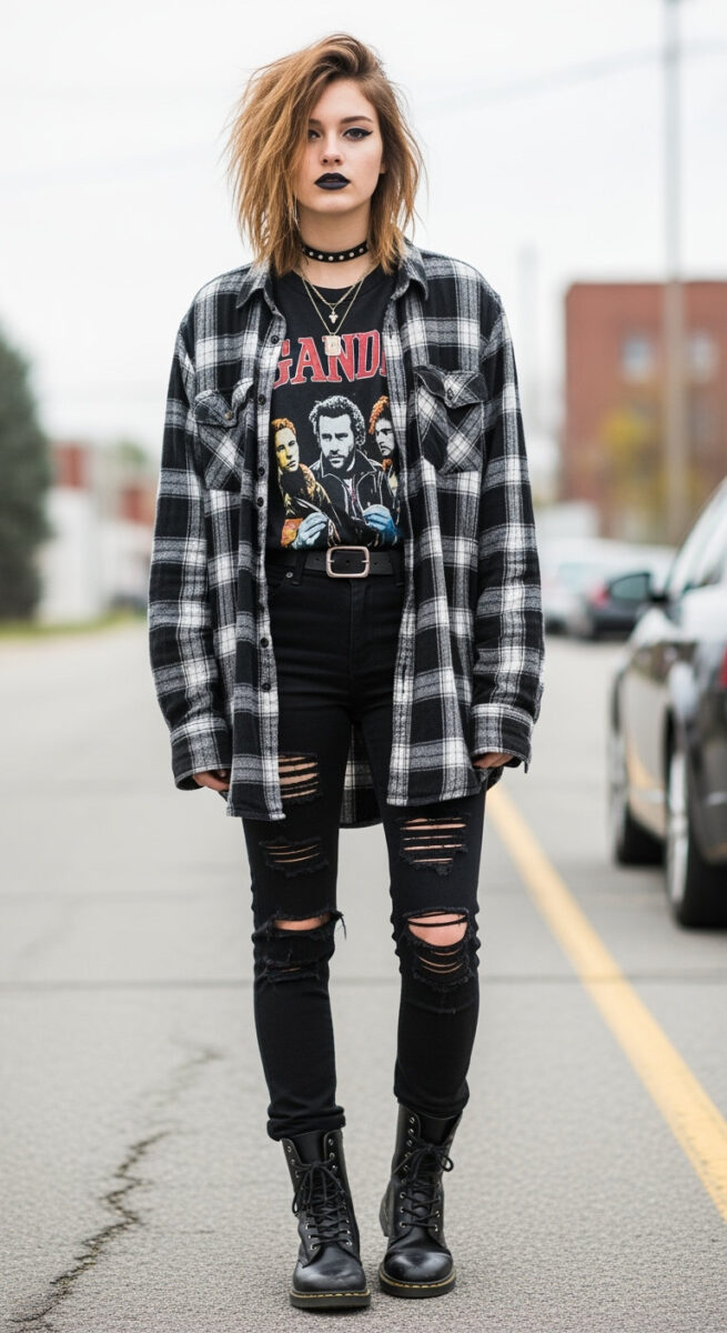 15 Aesthetic Outfit Ideas You’ll Fall in Love With 13 Grunge Flannel + Ripped Jeans + Combat Boots