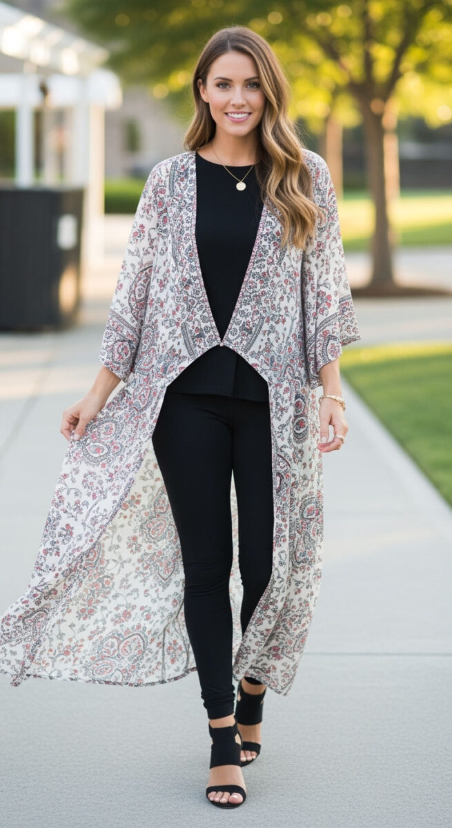 15 Summer Leggings Outfit Ideas That Don't Involve the Gym 3 Long Kimono Layering