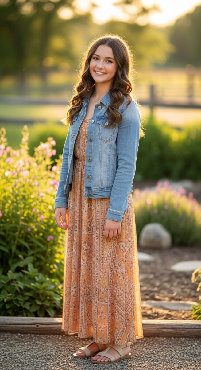 15 Teenage Girl Birthday Outfit Ideas That’ll Make You Feel Extra Special 13 Maxi Dress + Denim Jacket + Sandals