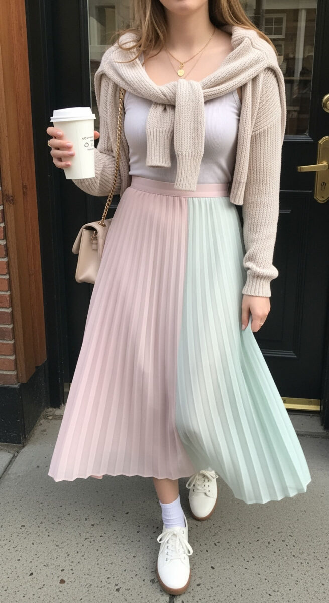 15 Aesthetic Outfit Ideas You’ll Fall in Love With 2 Soft Girl Pastels + Pleated Skirt + Cardigan
