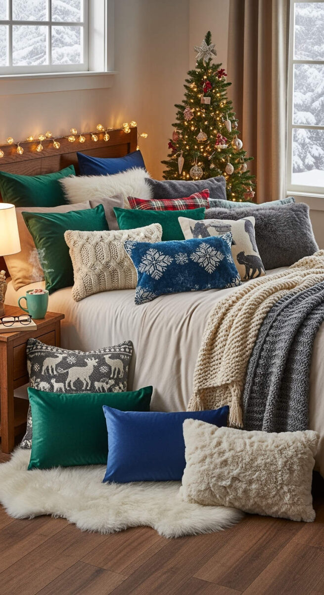 20 Cozy Bedroom Decor Ideas for Winter That’ll Warm Up Your Space 11 Add Extra Pillows