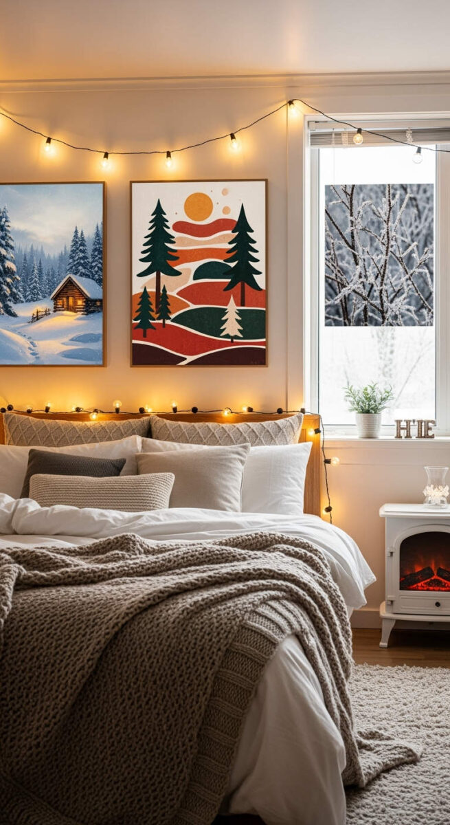 20 Cozy Bedroom Decor Ideas for Winter That’ll Warm Up Your Space 16 Add Seasonal Wall Art