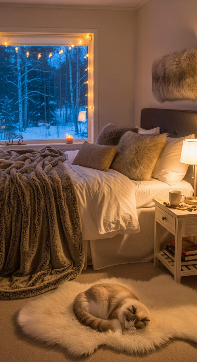 20 Cozy Bedroom Decor Ideas for Winter That’ll Warm Up Your Space 4 Add a Faux Fur Accent