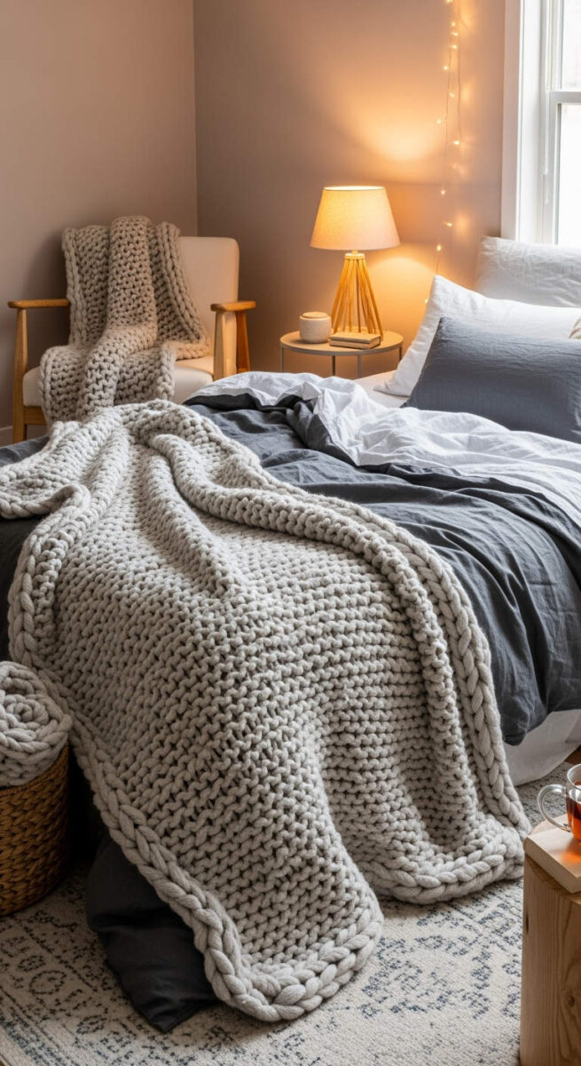 20 Cozy Bedroom Decor Ideas for Winter That’ll Warm Up Your Space 2 Layer Up with Chunky Knit Blankets