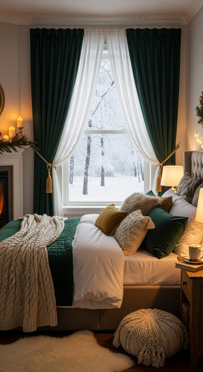 20 Cozy Bedroom Decor Ideas for Winter That’ll Warm Up Your Space 9 Try Layered Window Treatments
