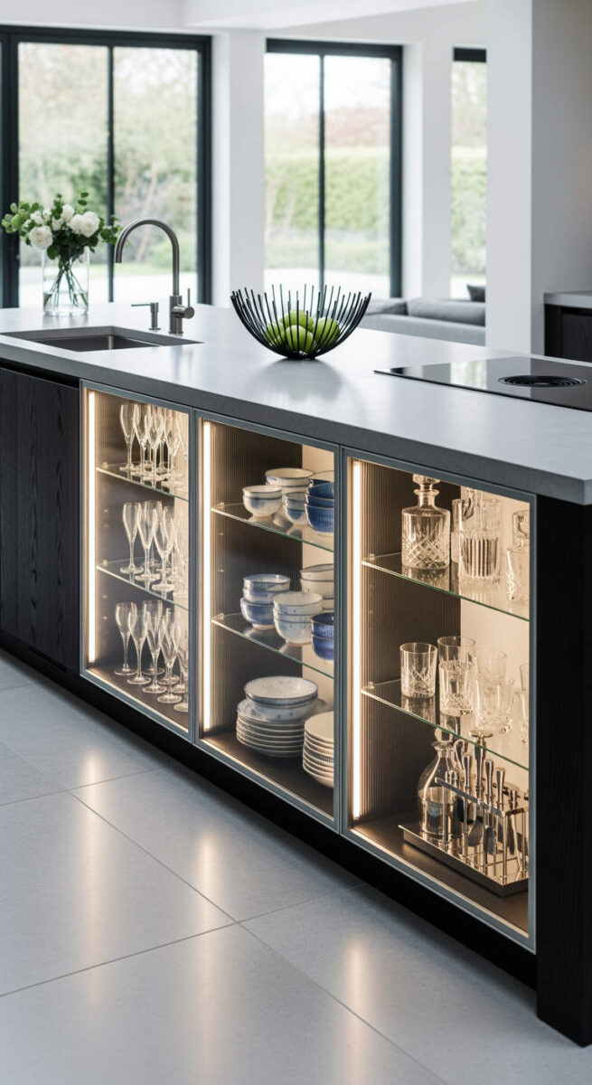 20 Modern Kitchen Island Designs That Totally Level Up Your Space 13 The Glass-Front Display Island