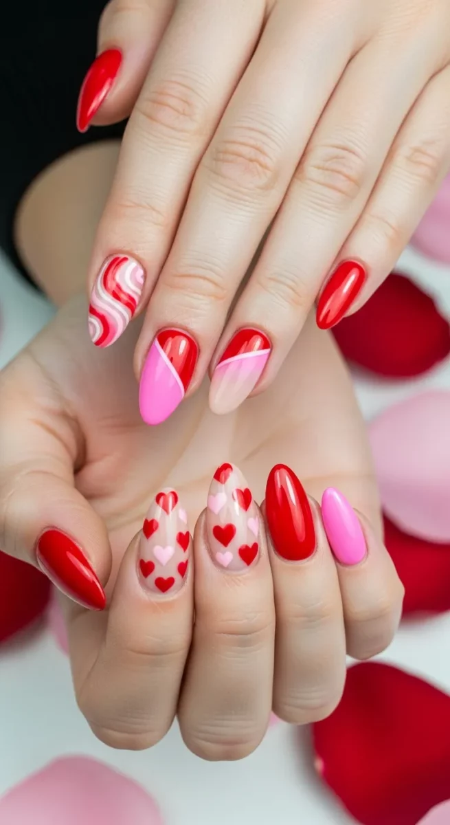 Pink and Red Mixed Valentine Nails
