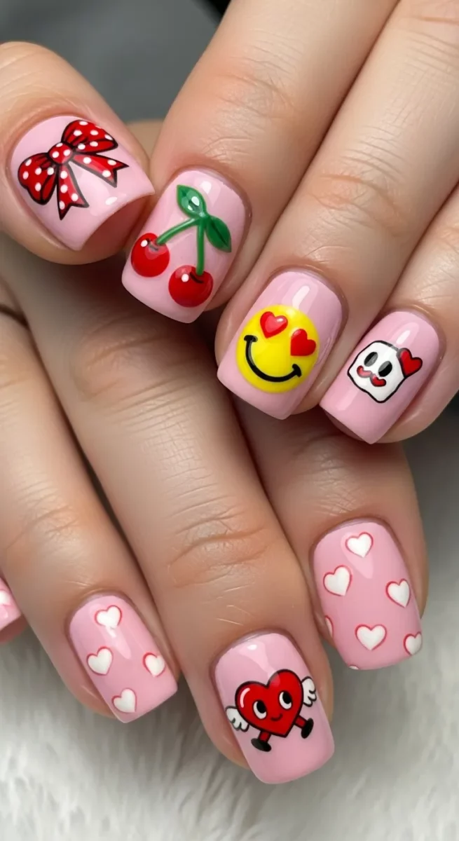 Valentine Nails with Cute Characters or Icons
