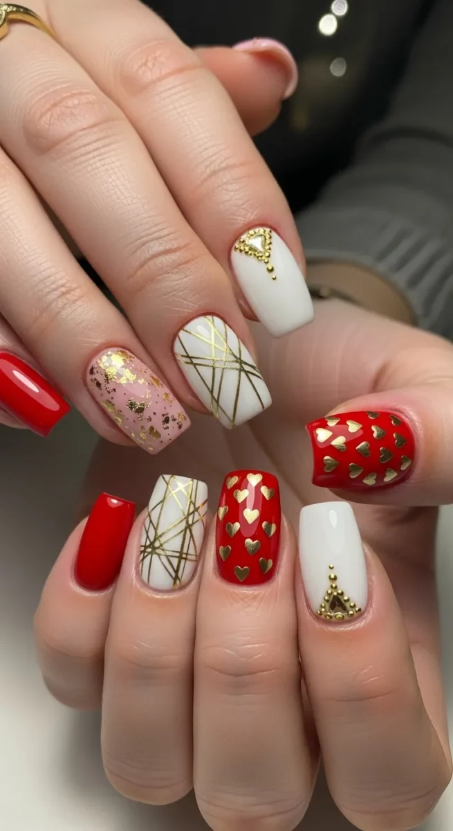 Valentine Nails with Gold Accents