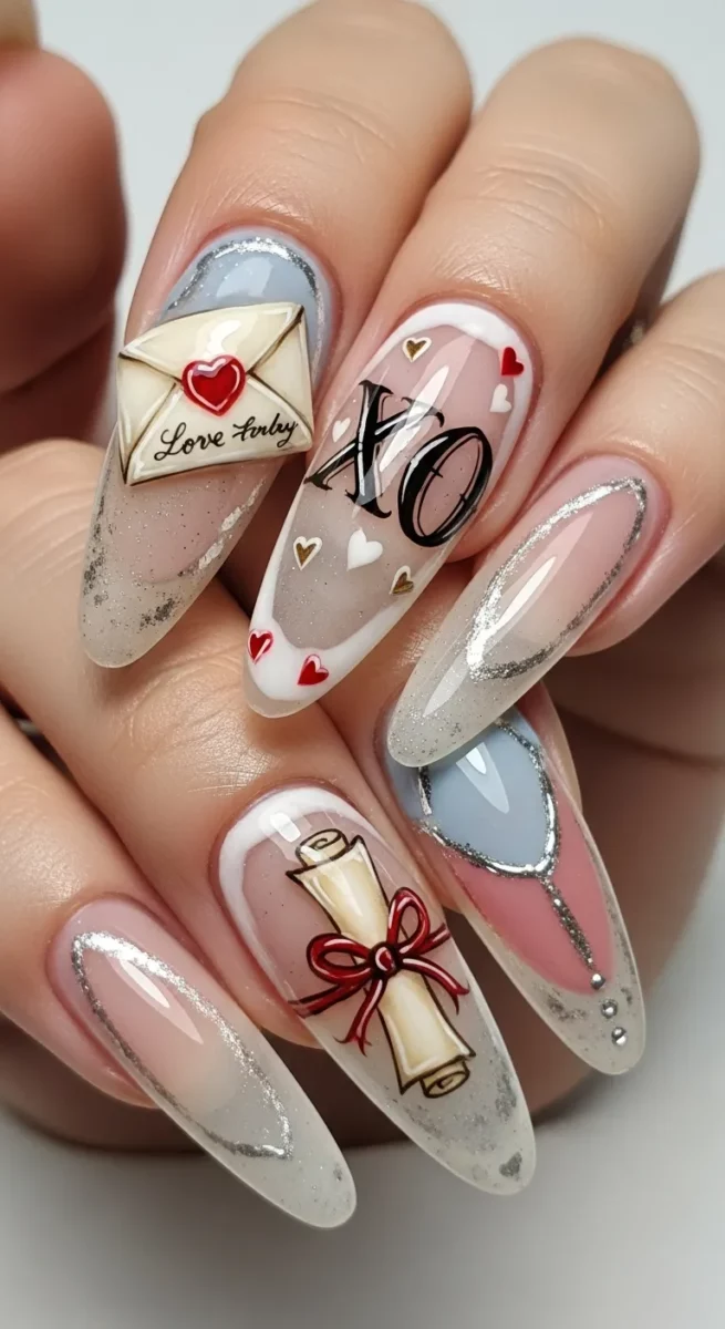 Valentine Nails with Love Letter Designs