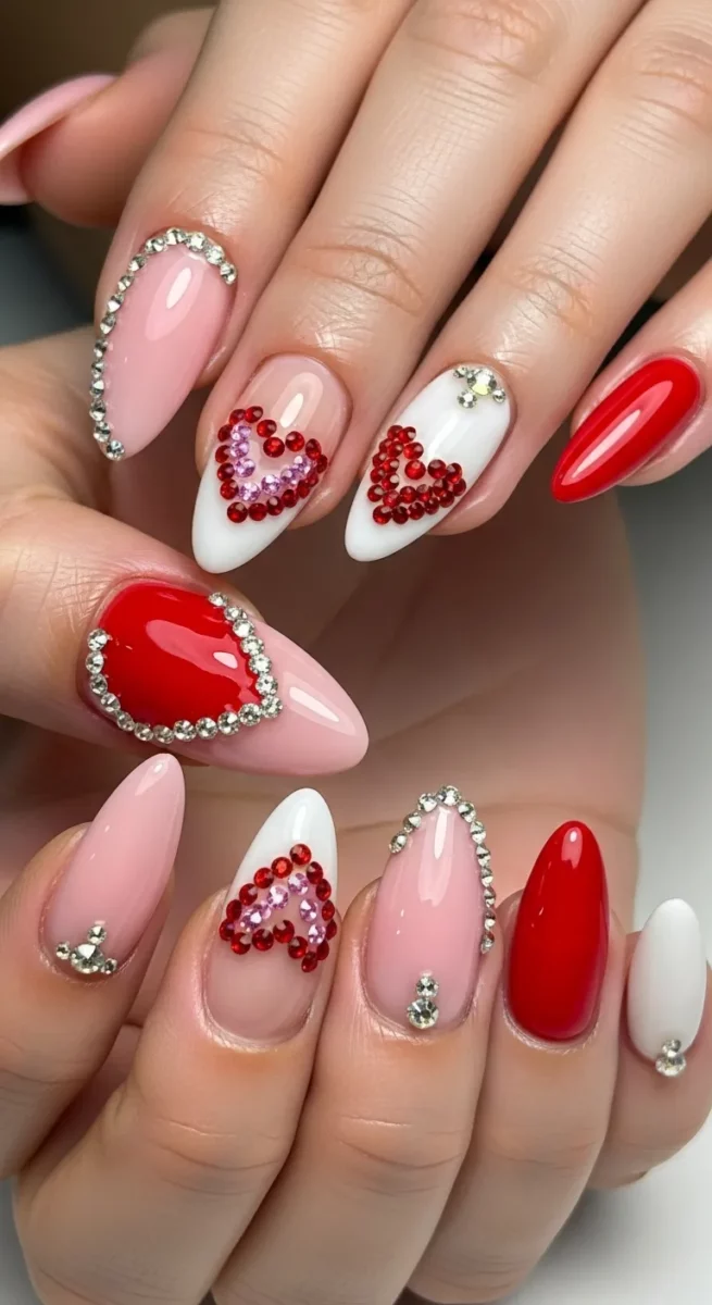 Valentine Nails with Rhinestones