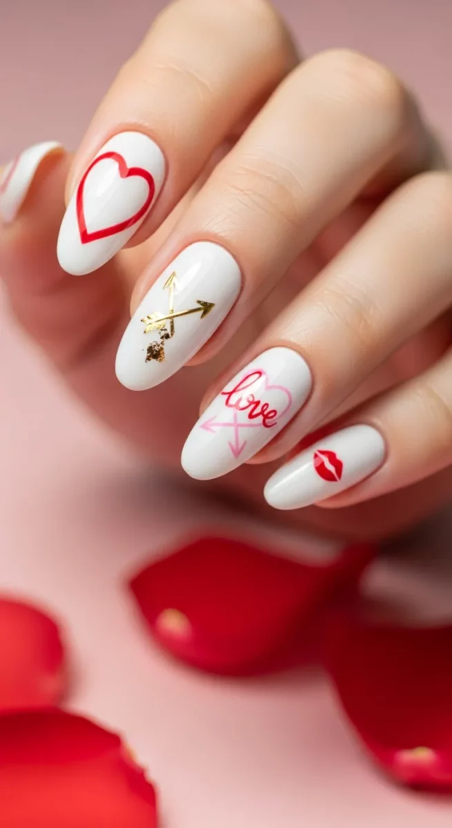 White Valentine Nails with Romantic Details