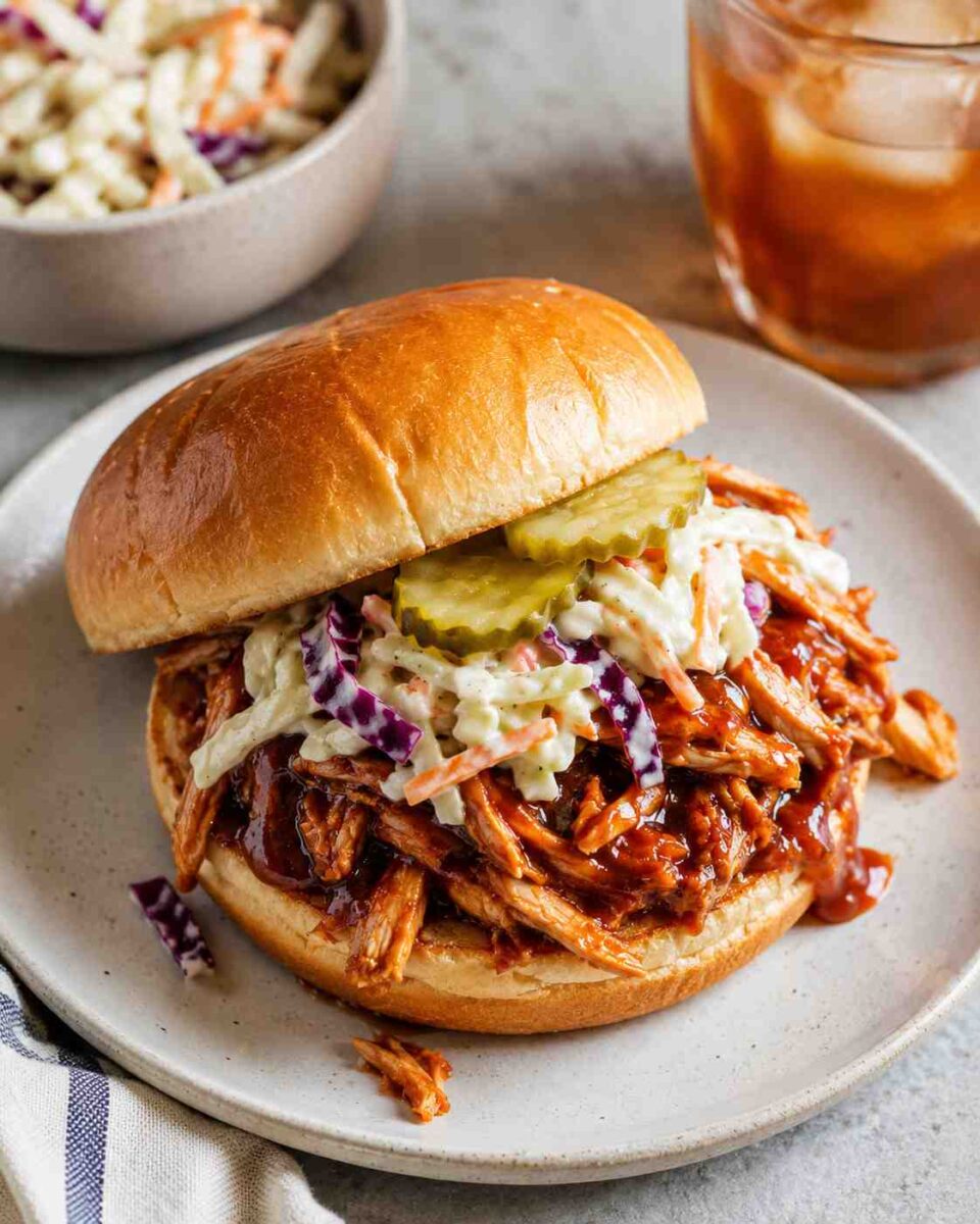 BBQ chicken sandwich with slaw and pickles