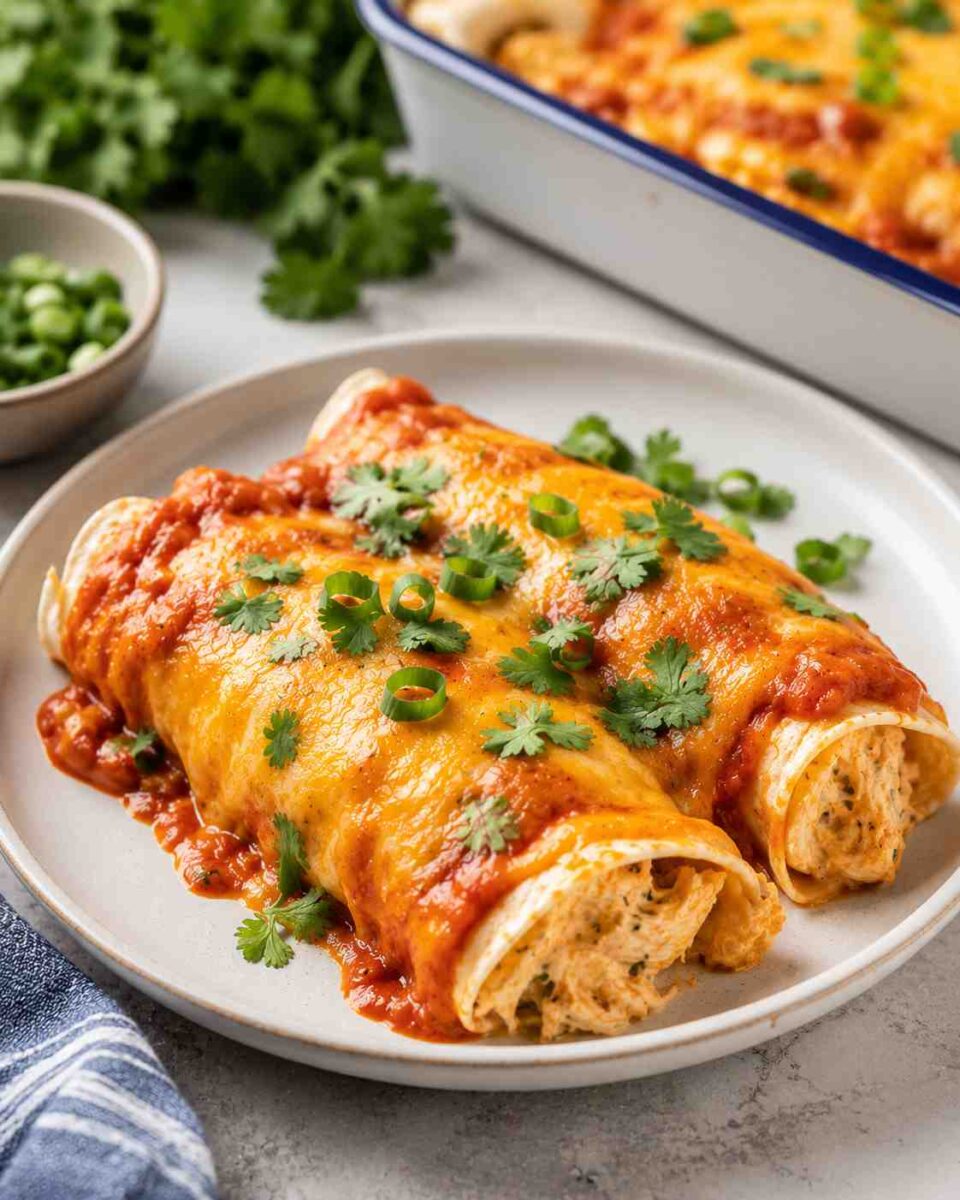 Cream Cheese Chicken Enchiladas 2 Baked cheesy enchiladas with fresh garnishes