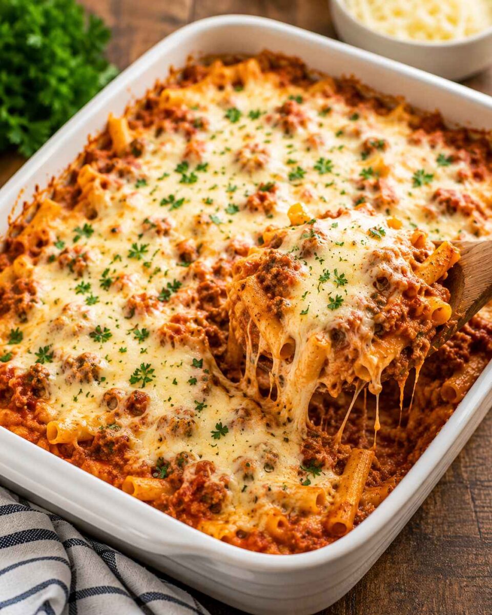 Cheesy pasta bake with garlic bread