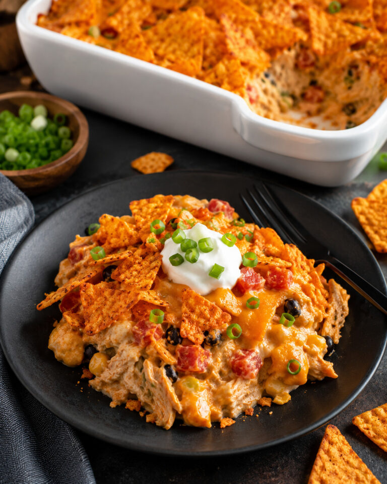 Cheesy casserole with Dorito chicken crunch