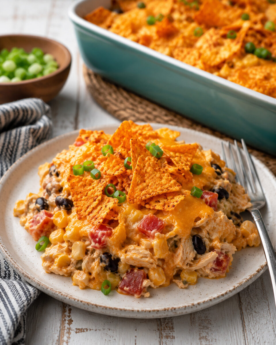Dorito Chicken Casserole (The Ultimate Cheesy Weeknight Comfort Bake) 8 Cheesy dorito chicken casserole with chips