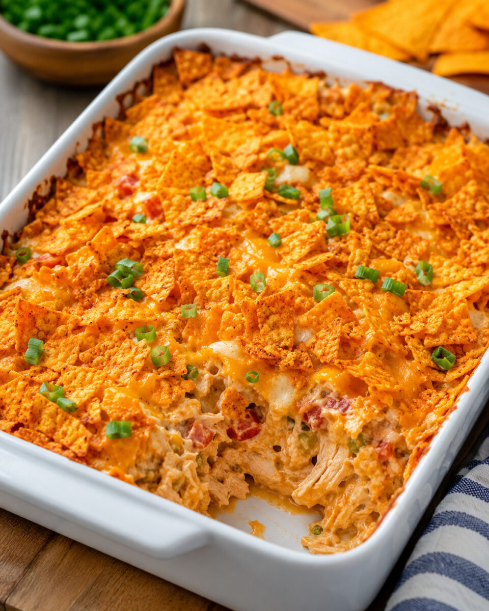 Dorito Chicken Casserole (The Ultimate Cheesy Weeknight Comfort Bake) 2 Cheesy dorito chicken casserole with crunchy topping