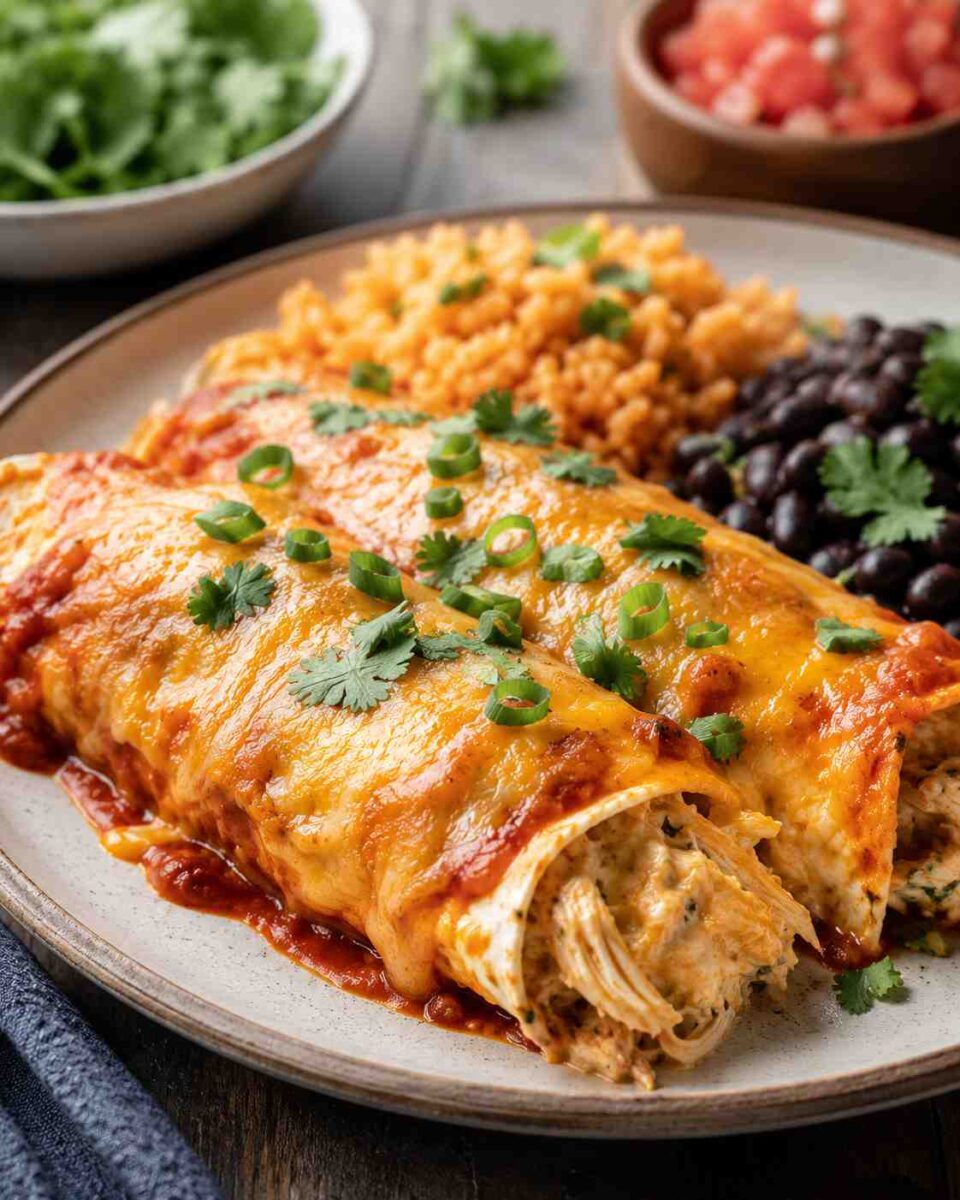 Cream Cheese Chicken Enchiladas 9 Cheesy enchiladas with rice and beans