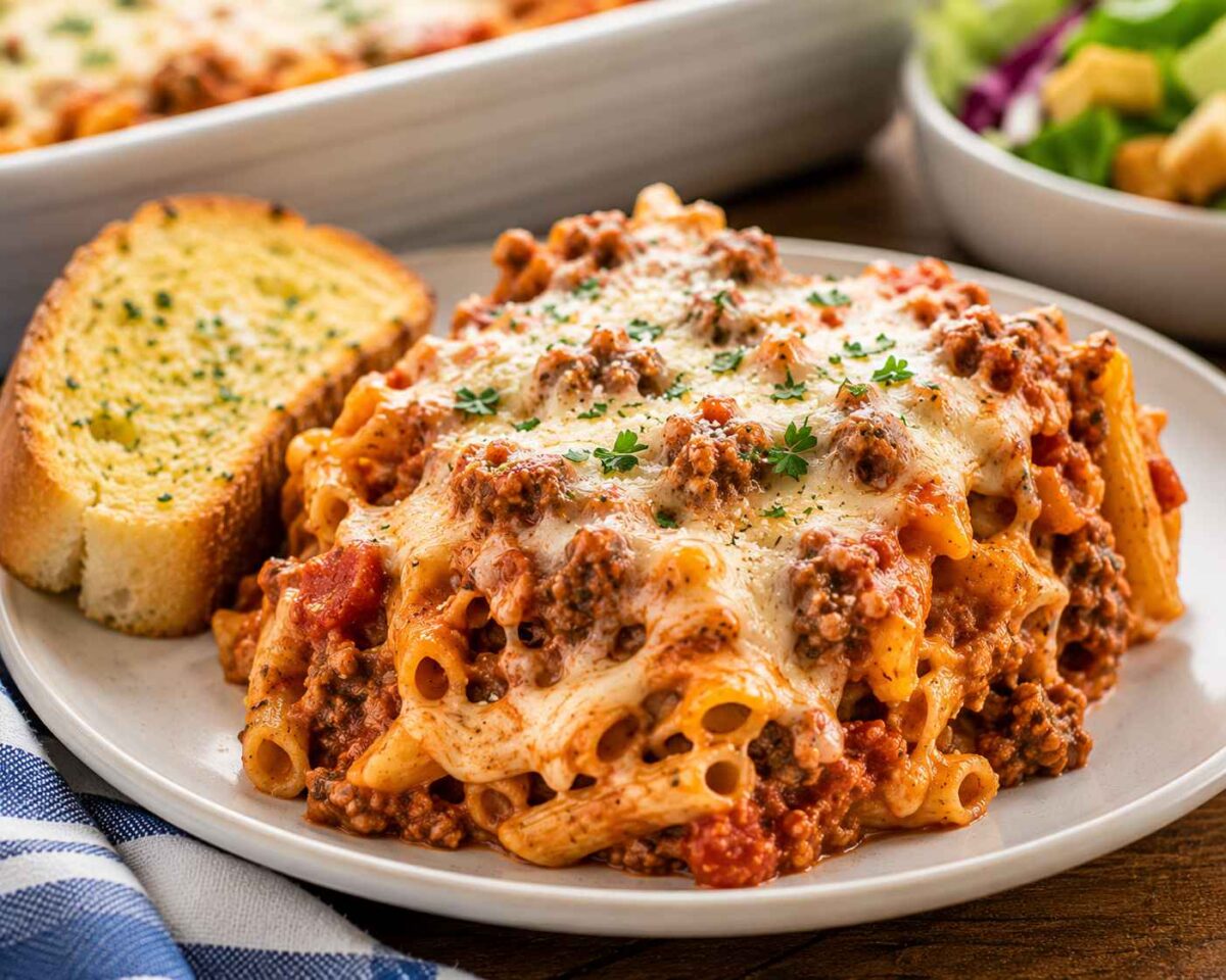 Cheesy pasta bake with garlic bread