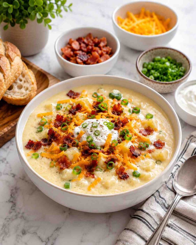Creamy loaded potato soup with toppings