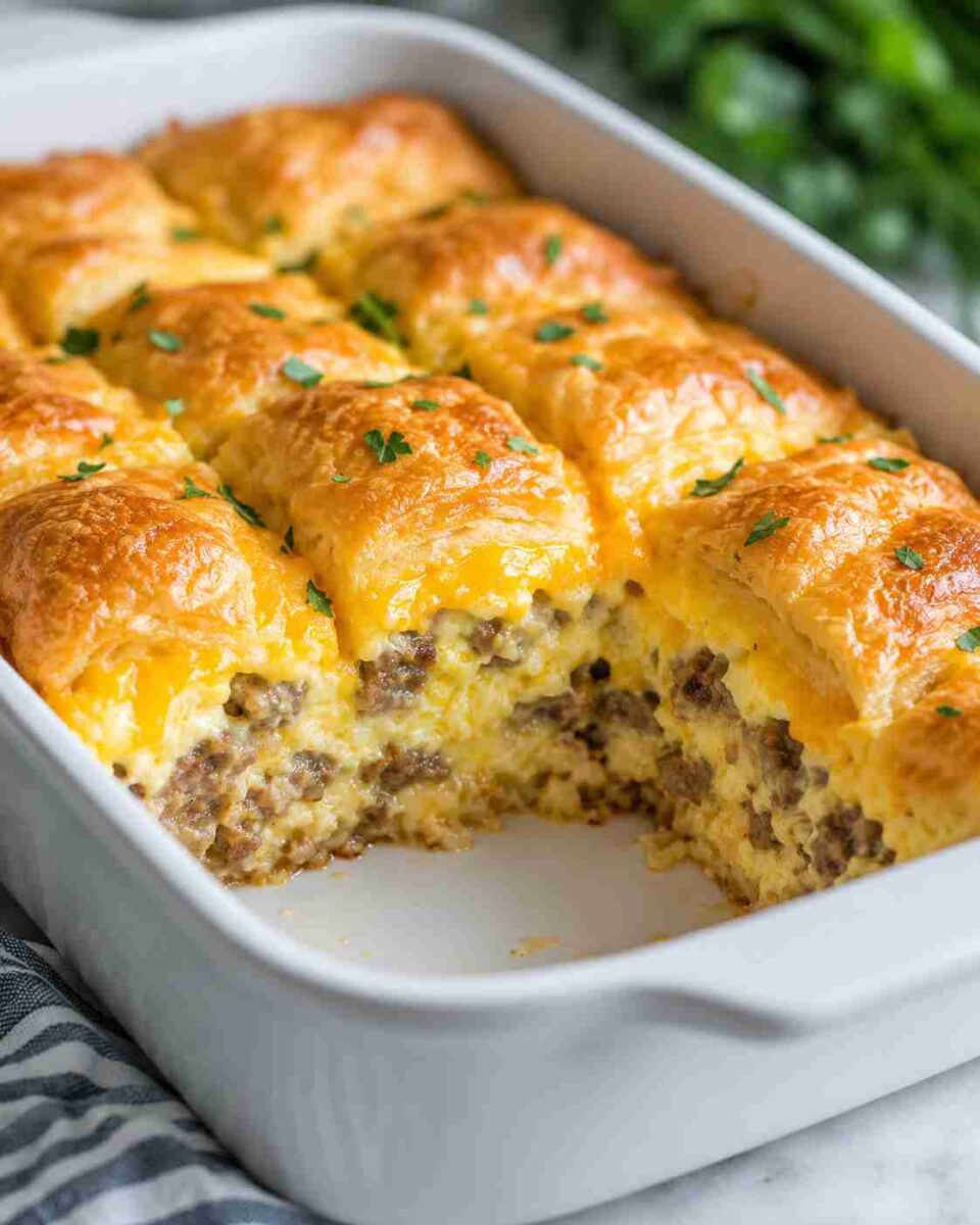 Sausage Cream Cheese Crescent Bake 10 Golden casserole slice with savory layers