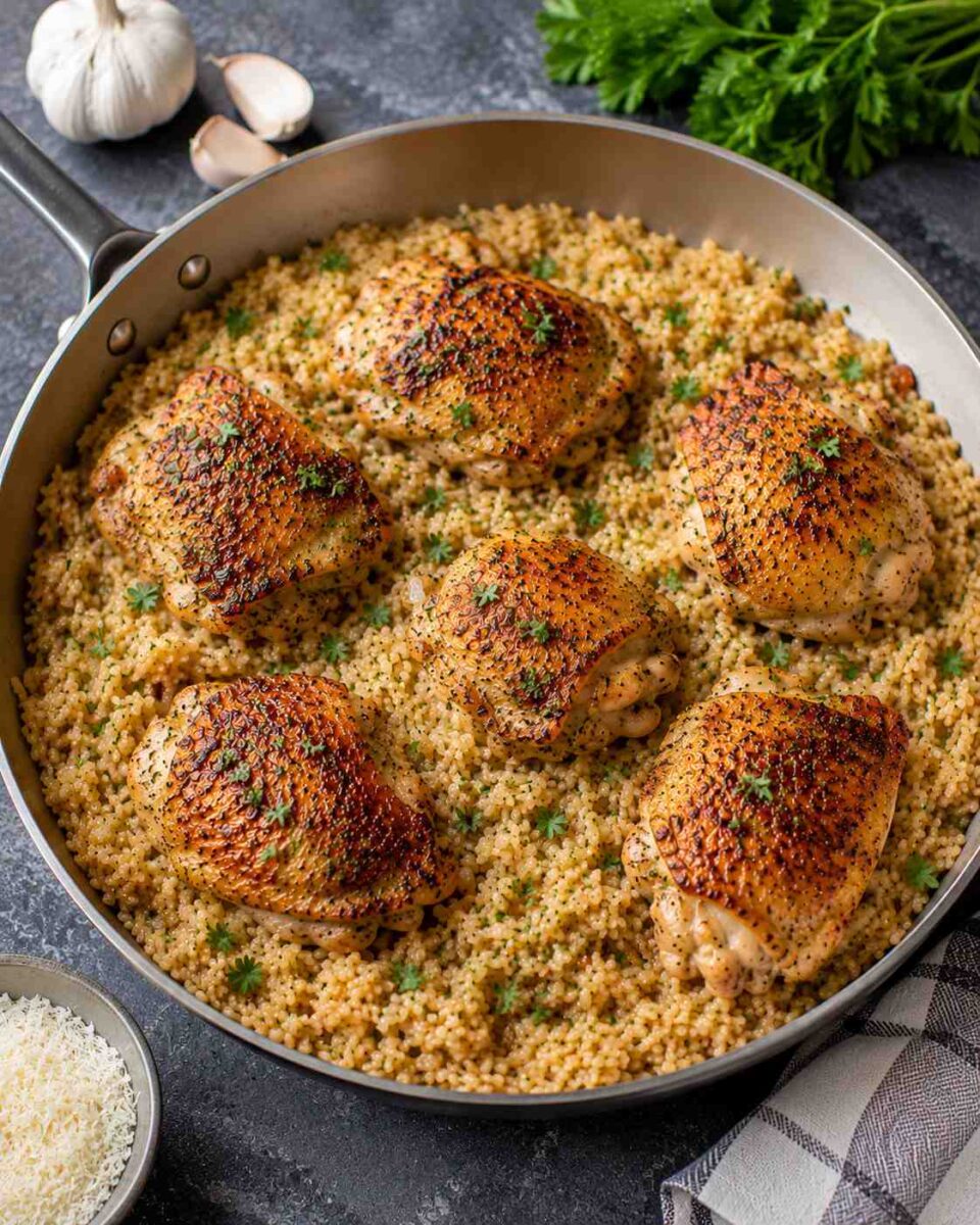 Golden chicken and rice in skillet