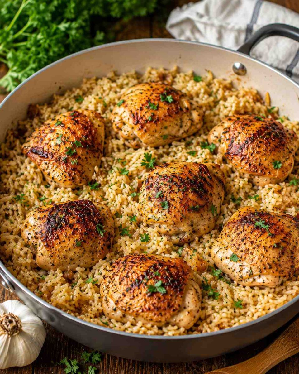 Golden chicken thighs over herb rice