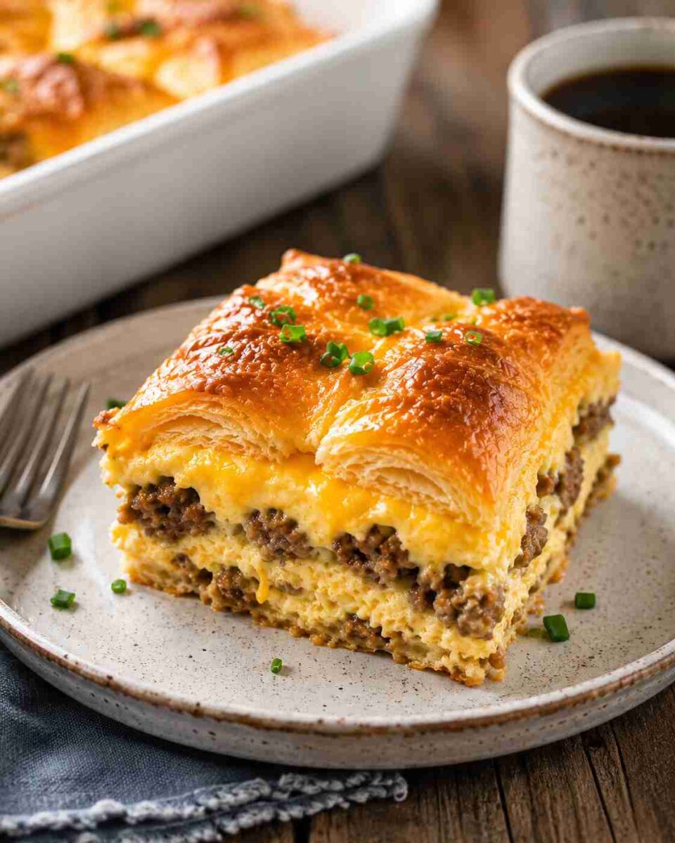 Sausage Cream Cheese Crescent Bake 9 Golden savory breakfast bake slice
