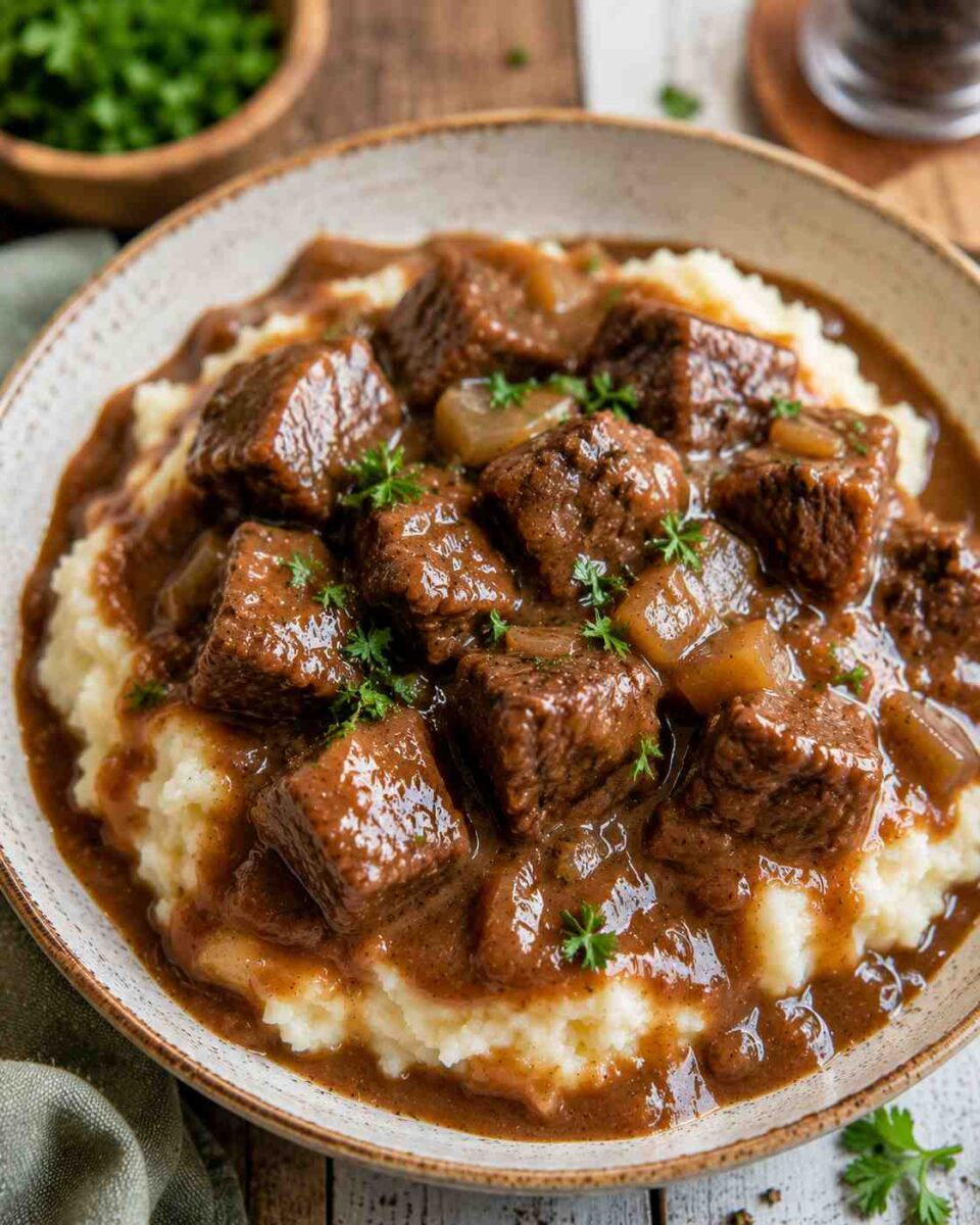 Crockpot Beef Tips and Gravy 8 Hearty beef stew with mashed potatoes