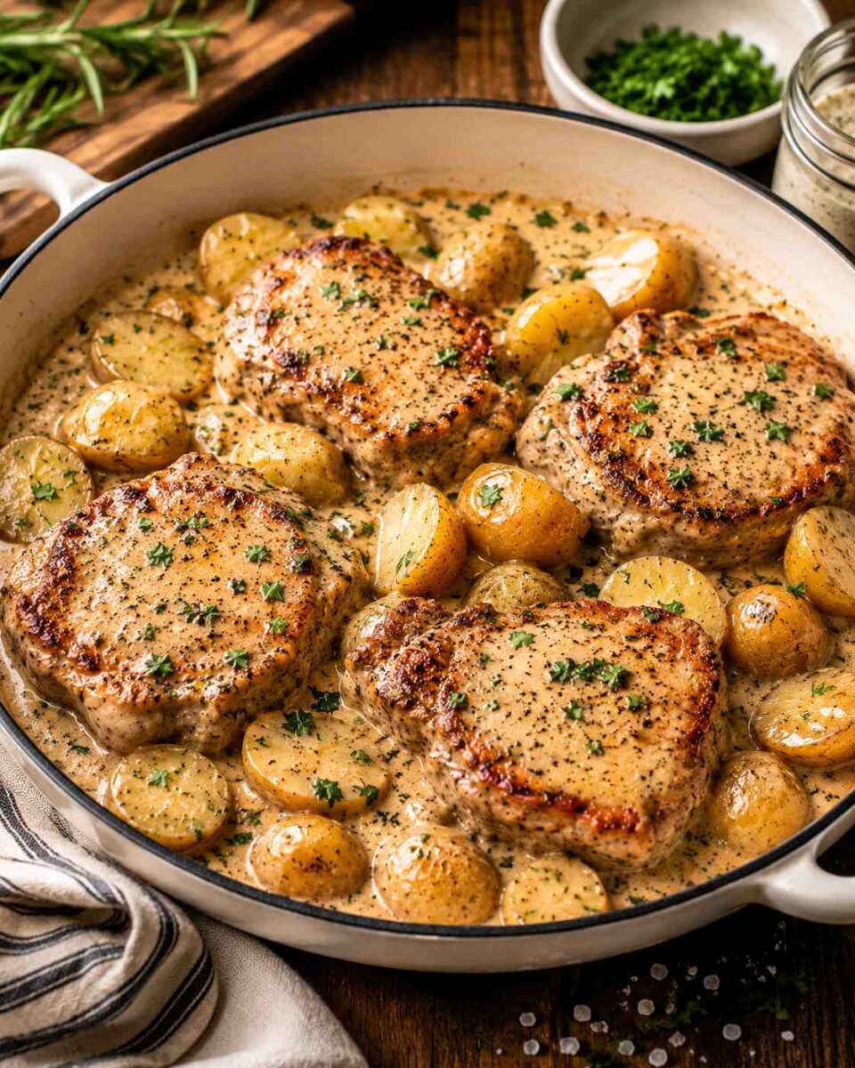 Creamy Ranch Pork Chops and Potatoes 7 Hearty pork chops with golden potatoes