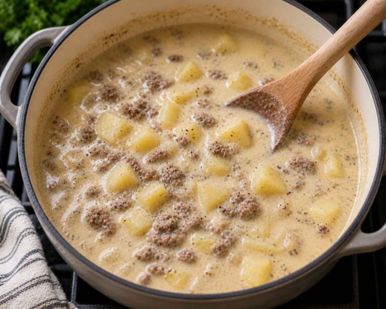 Hearty soup simmering in a Dutch oven