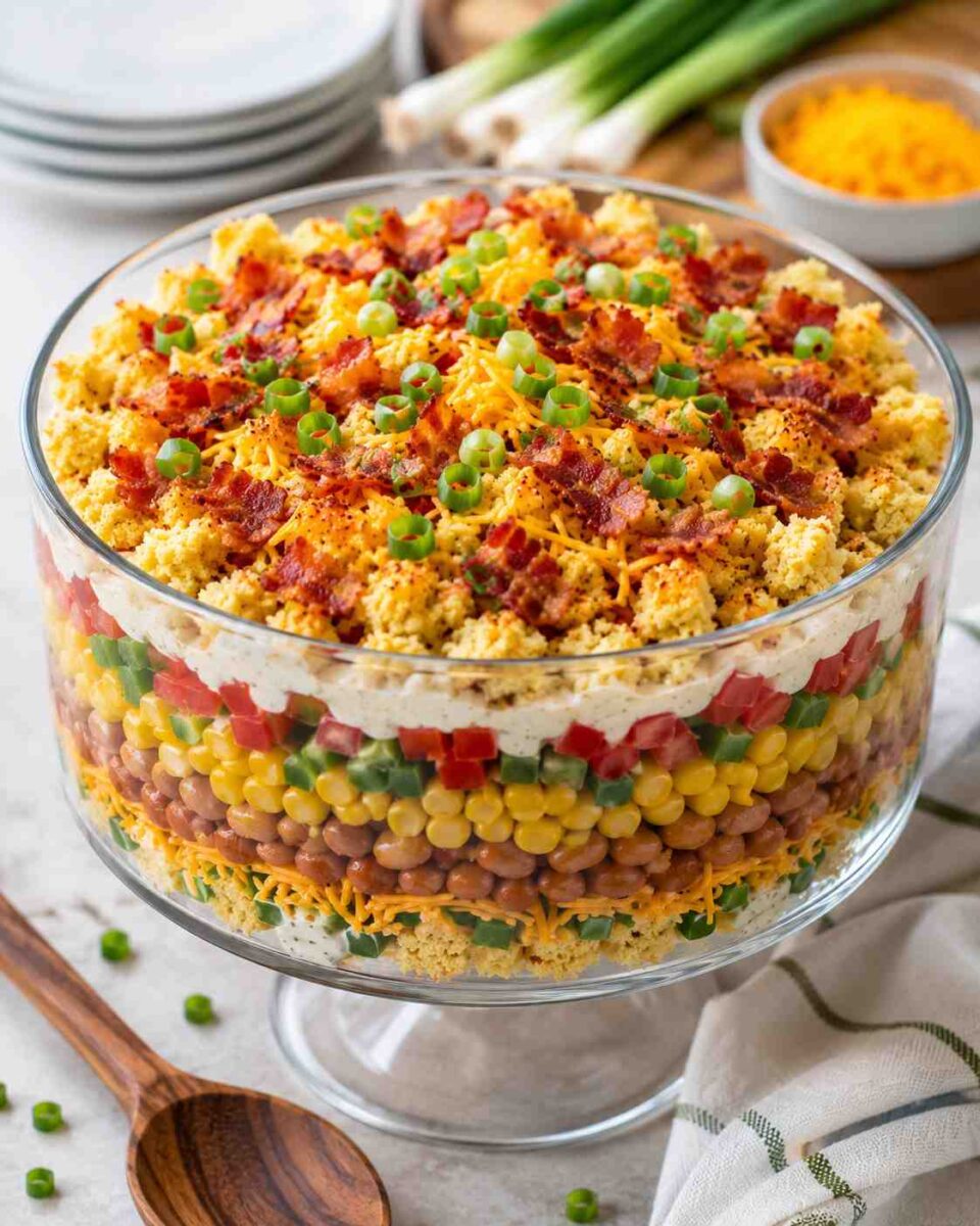 Layered cornbread salad with bacon