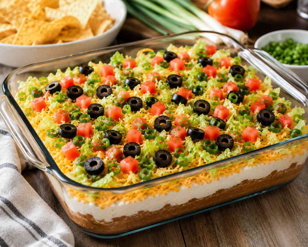 Easy Church Potluck Taco Dip (The Ultimate Make-Ahead Party Appetizer) 3 Layered taco dip with fresh toppings