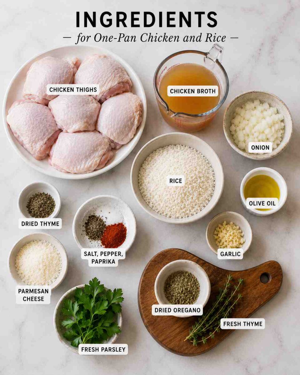 One-pan chicken and rice ingredients