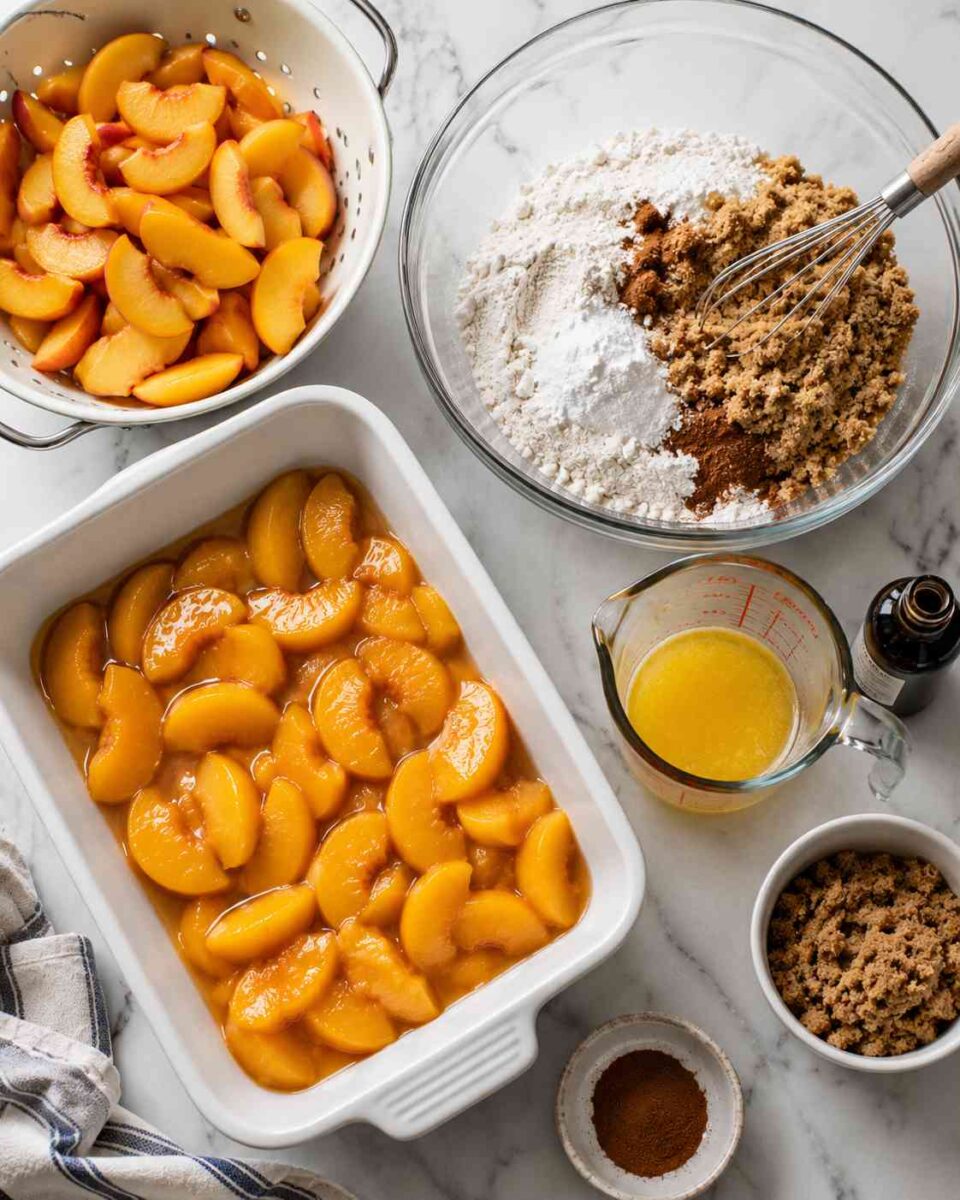 Grandma’s Peach Cobbler Dump Cake (Easy Southern Dessert Recipe) 5 Peach cobbler dessert prep