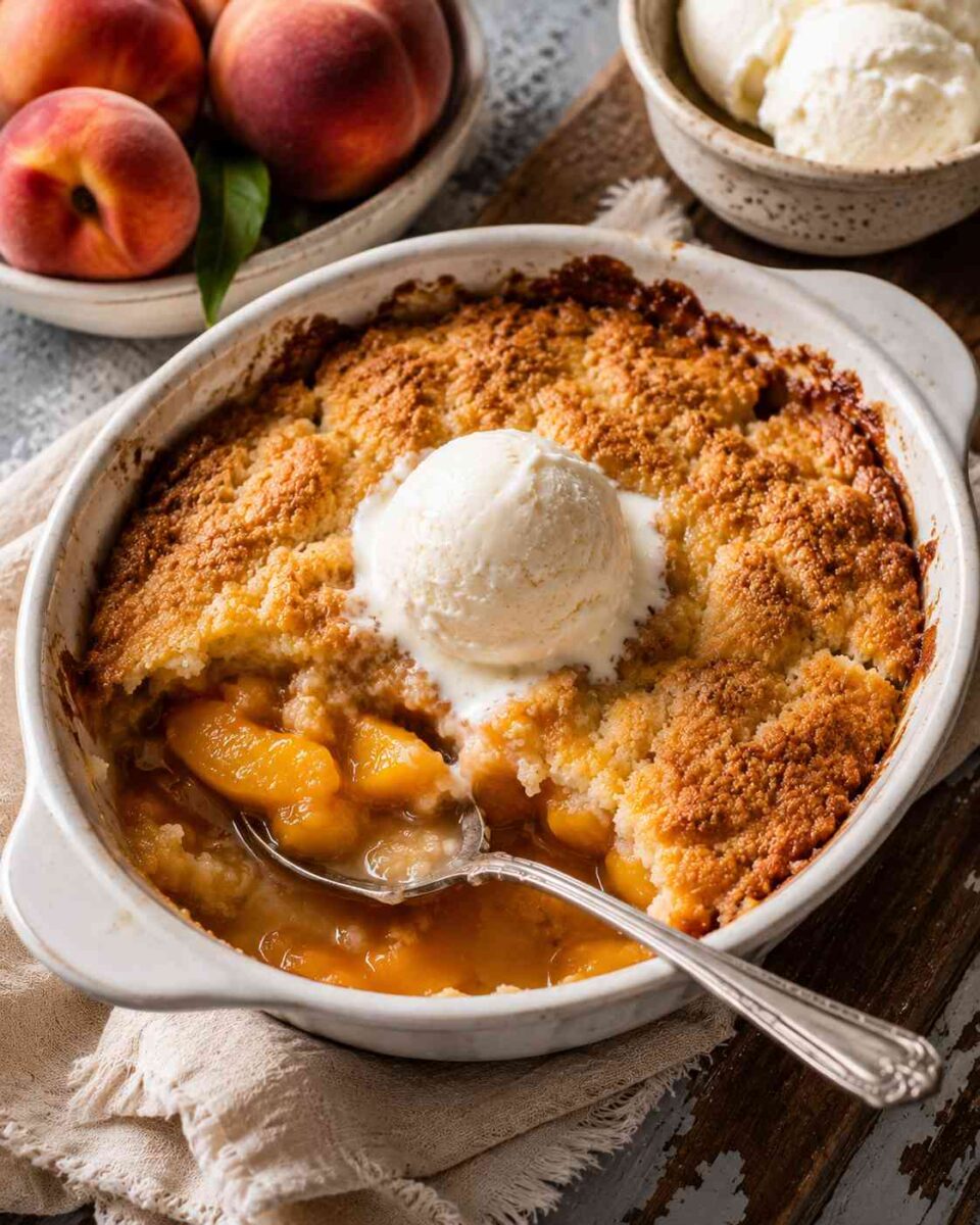 Grandma’s Peach Cobbler Dump Cake (Easy Southern Dessert Recipe) 6 Peach cobbler with ice cream delight