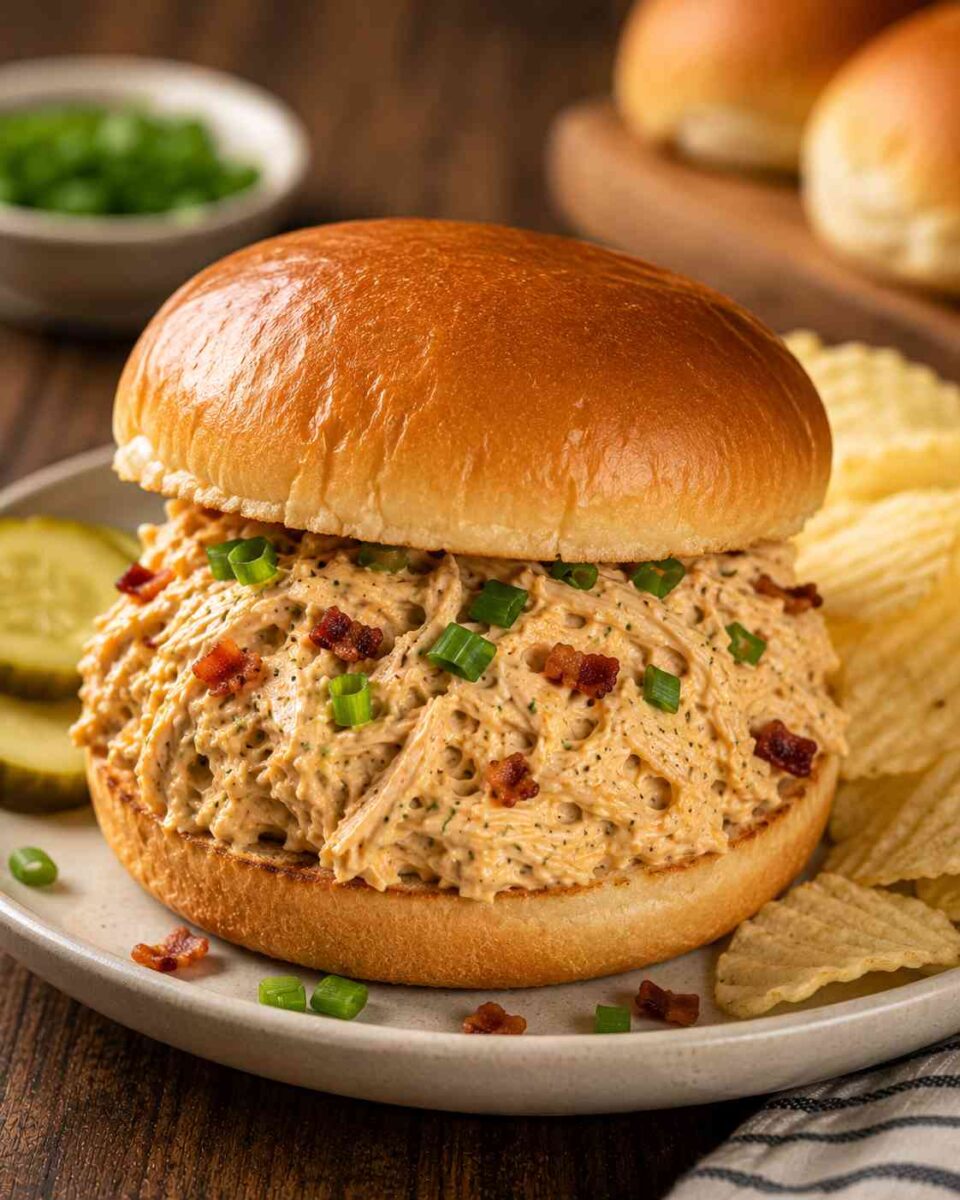 Pulled chicken sandwich with crispy bacon