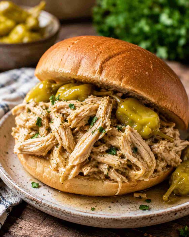Pulled mississippi chicken sandwich with pickled peppers
